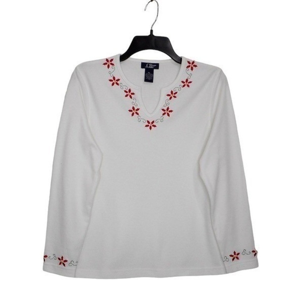 CB Casual Top Women PL White Long Sleeve V-Neck Embroidered Floral Knit‎ T-Shirt